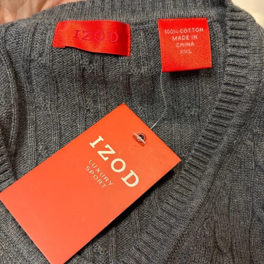 IZOD- NWT Mens Luxury Sport 100% Cotton Crew Neck Grey Textured Sweater Size XXL